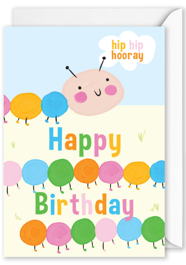 Birthday Card: “Happy Birthday” – colourful caterpillar