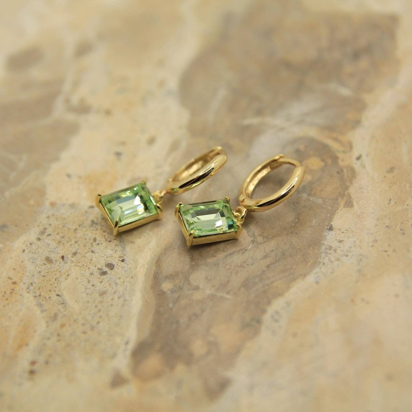 Green Rectangle Crystal Drop Hoop Earrings – Gold Minimalist Green Crystal Earrings