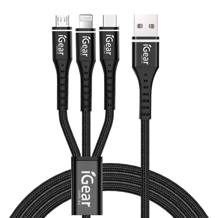 iGear | CABLE 3 IN 1 | 1.2M 8 PIN / MICRO / C TYPE - BLACK