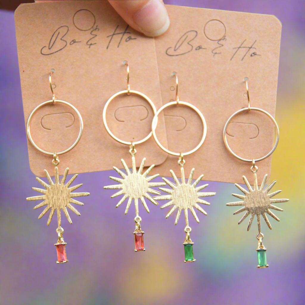 Gold Statement Sun Earrings with Cubic Zirconia Crystals