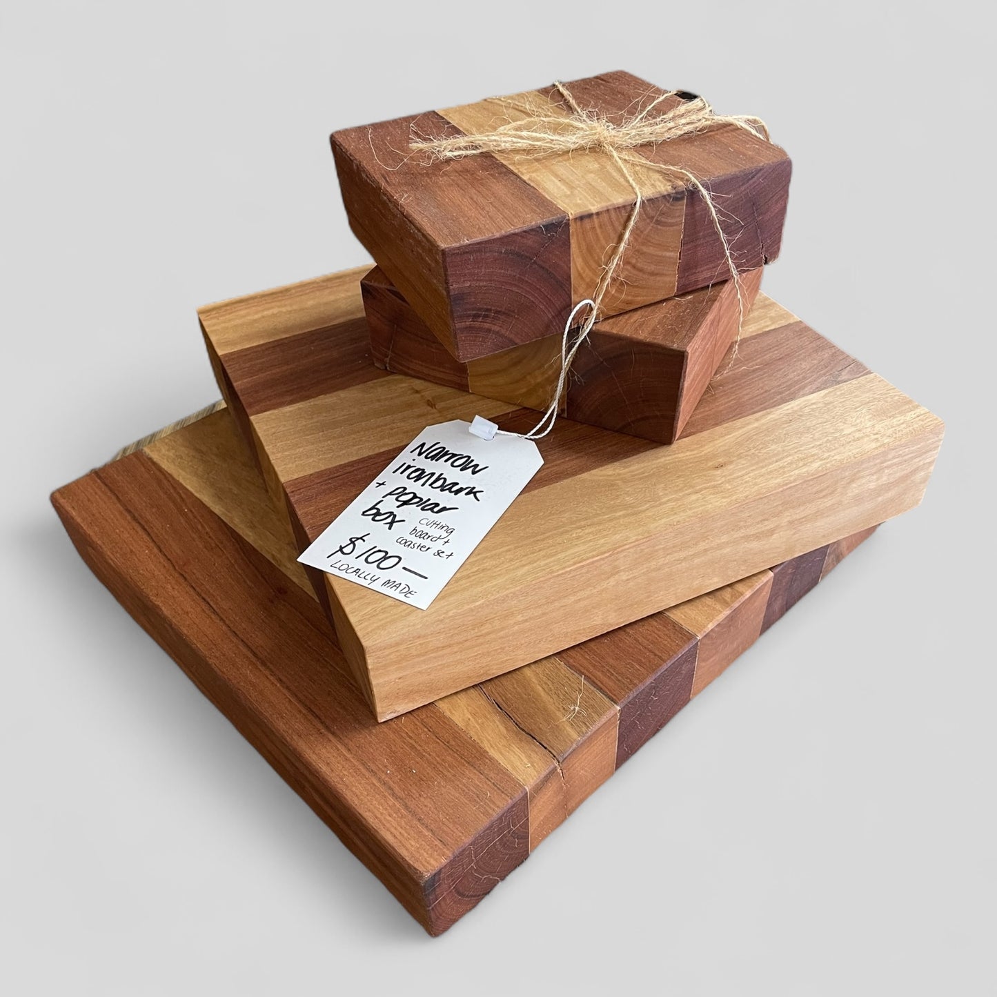 Narrowleaf Ironbark & Poplar Box Cutting Board & Coaster 4pc set