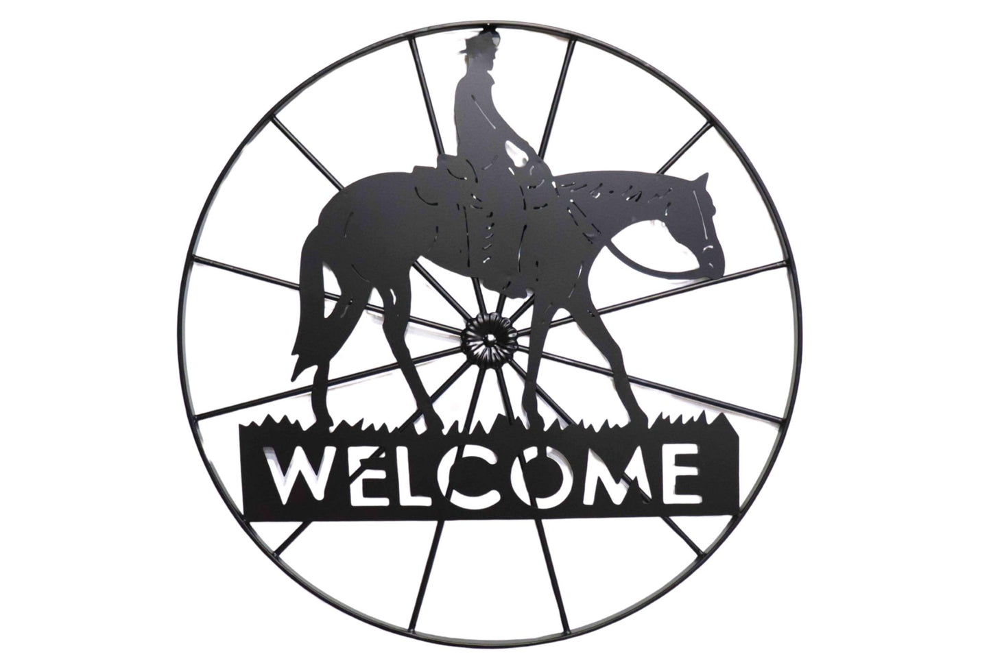 Metal Wall Art Cowboy Wheel Welcome 60cm