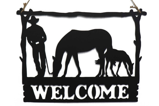 Metal Wall Art Cowboy Horse Welcome 36x49.5cm