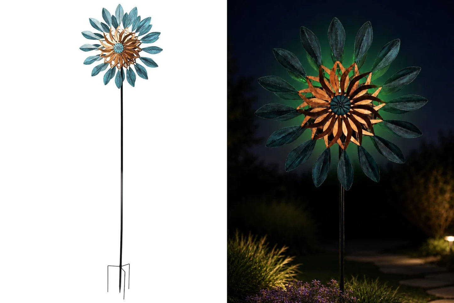 Blue/Gold Metal Garden Spinner w/Solar Light 210x63cm