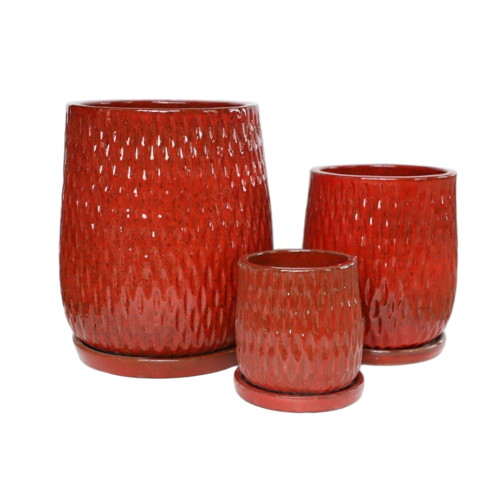Glazed Tropical Red Argyle Horseshoe Pot w Saucer