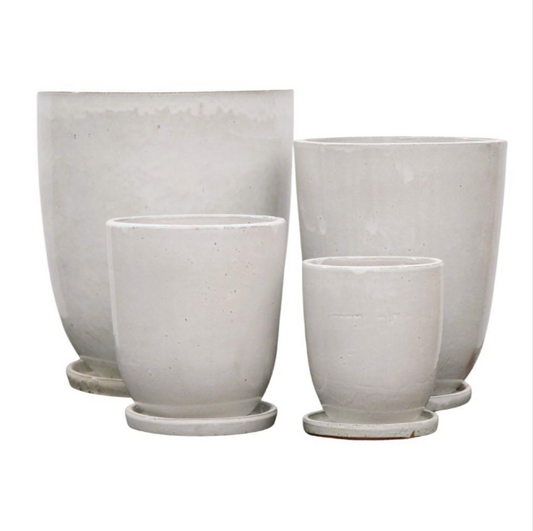 (2/4) Glazed White Smithy Tall Round U Pot W Saucer 37x43cm(H)