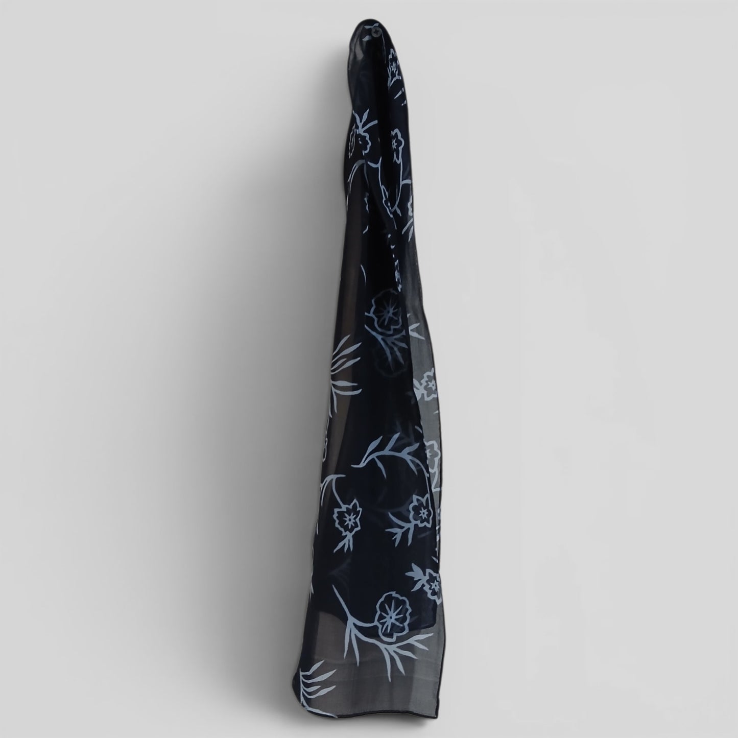 Skinny Neck Scarf | Black Sheer w Blue Flowers