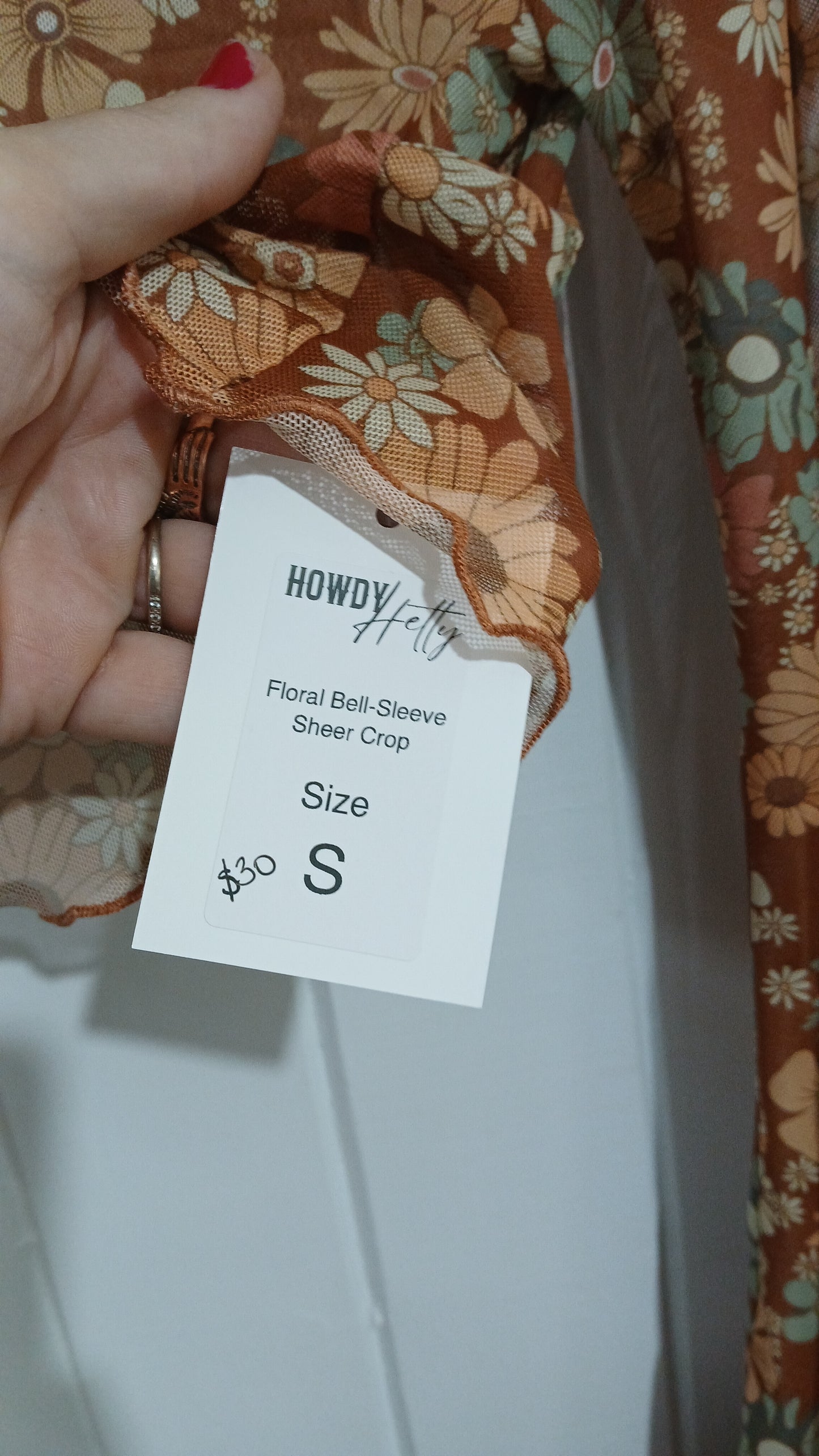 (S) Howdy Hetty | Sheer Floral Bell Sleeve Crop | BNWT