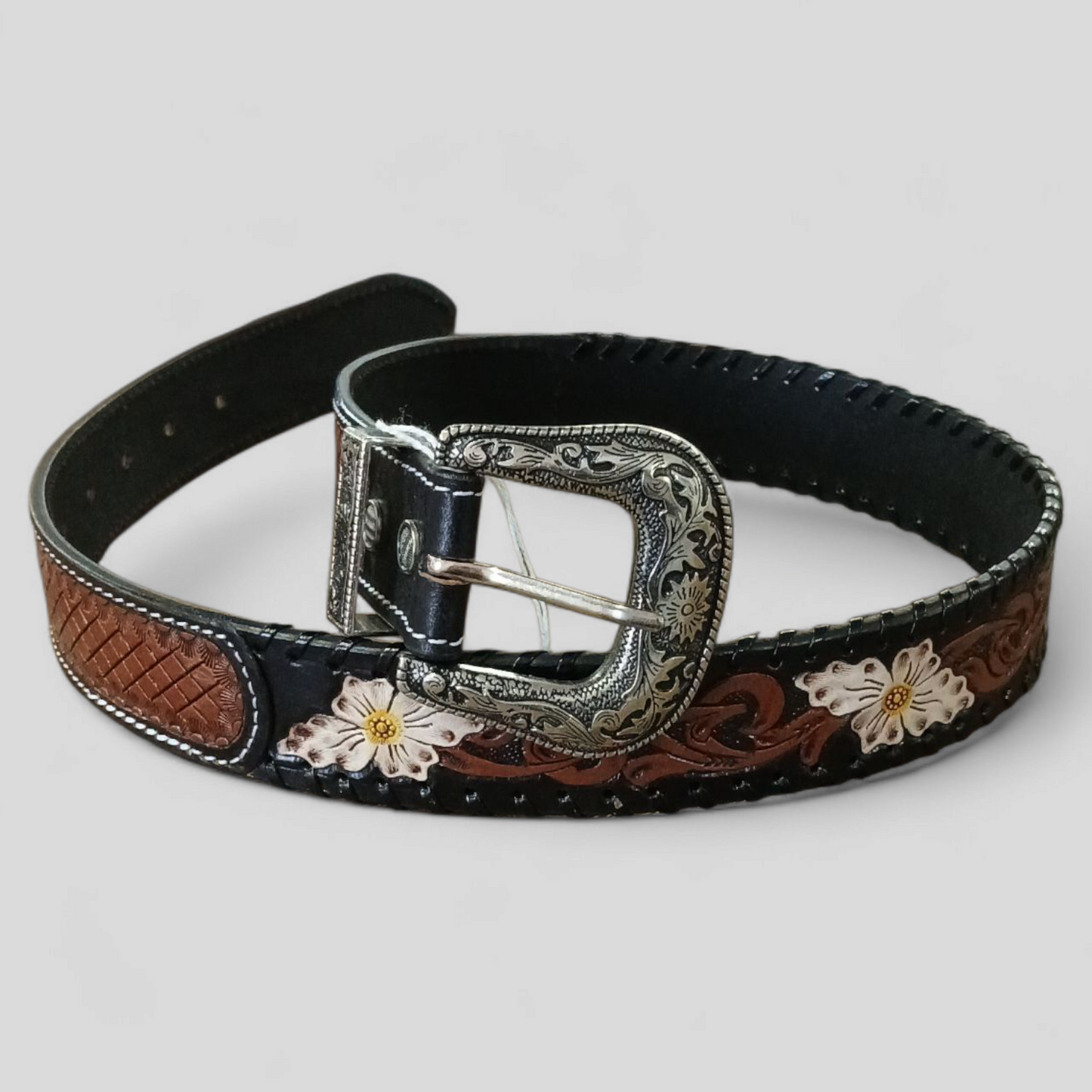 (S) Myra Checkered Brown Hand-Tooled Leather Women's Belt