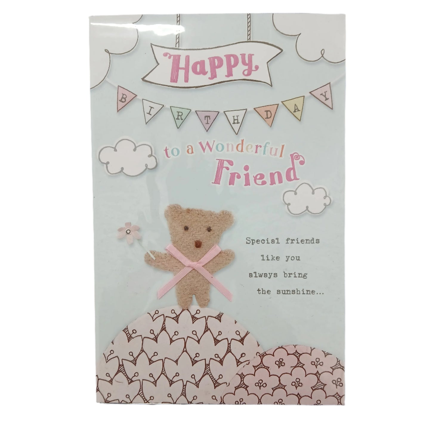 Birthday Card | Friend/Stitched bear stood on a floral hill holding a flower