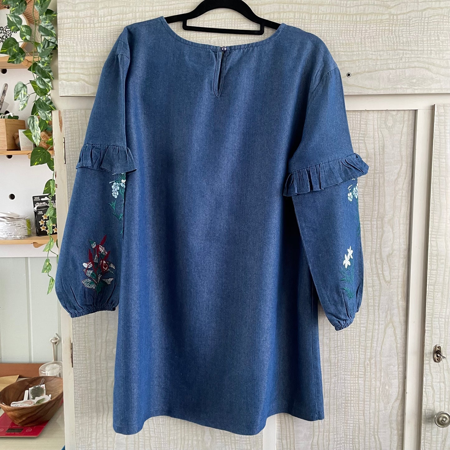 (8) Boohoo Denim Look L/S dress with embroidered features