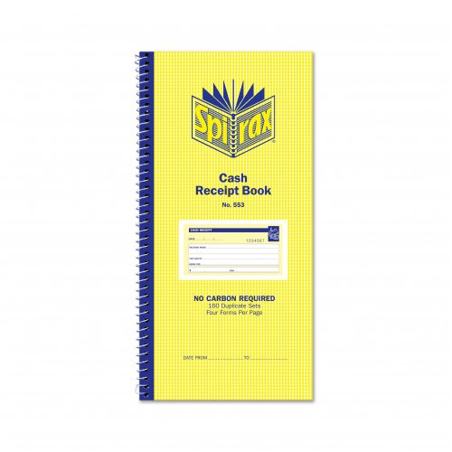Spirax | Cash Receipt Book 553 4tv | 279x144mm Duplicate C/less