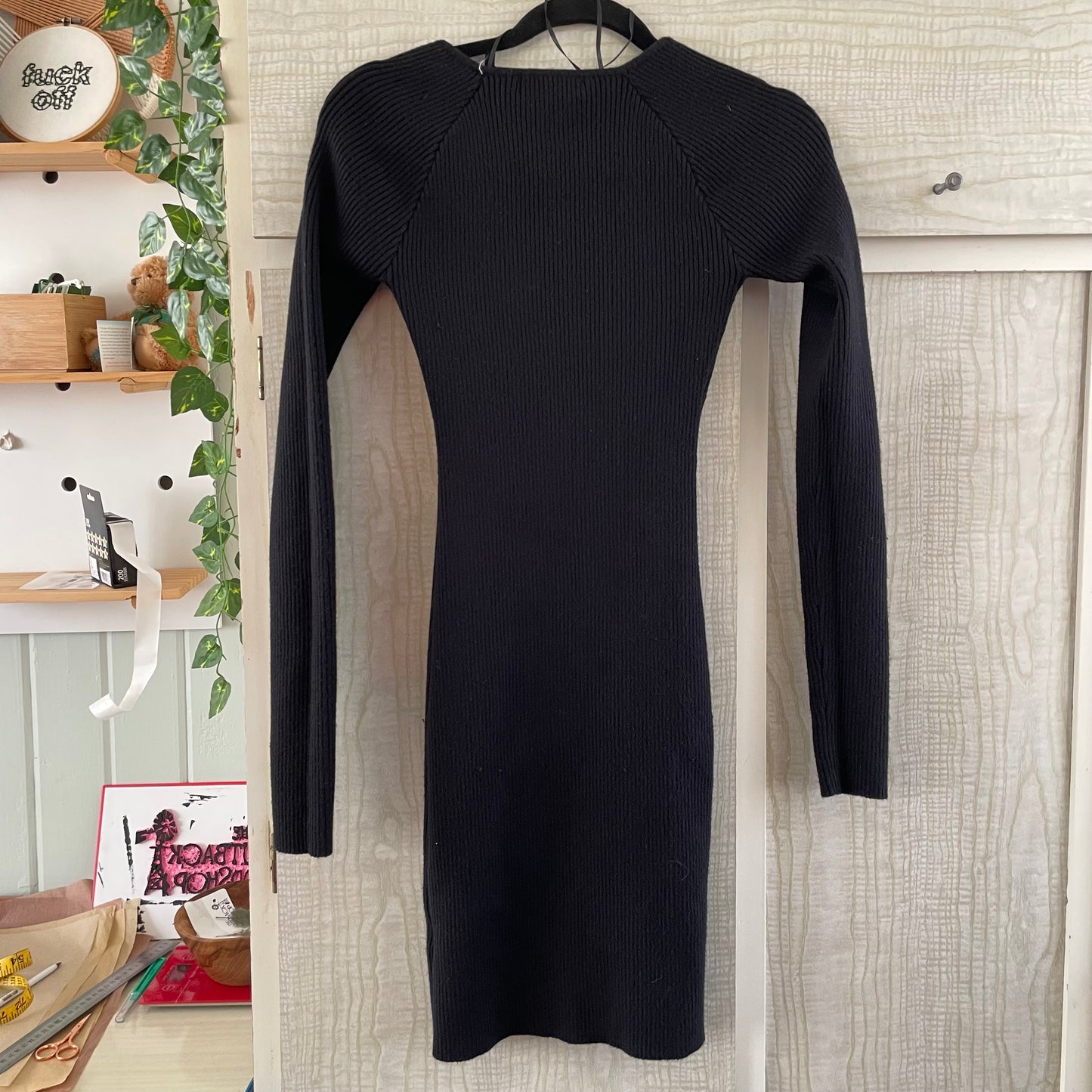 (S) Ally LS Black Ribbed Dress