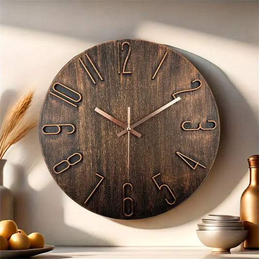 Timber-look Farmhouse Clock 12inch - Silent Non-Ticking
