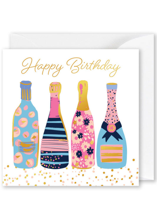 Birthday Card | Foiled Square Card: “Happy Birthday” Champagne Bottles Drawing