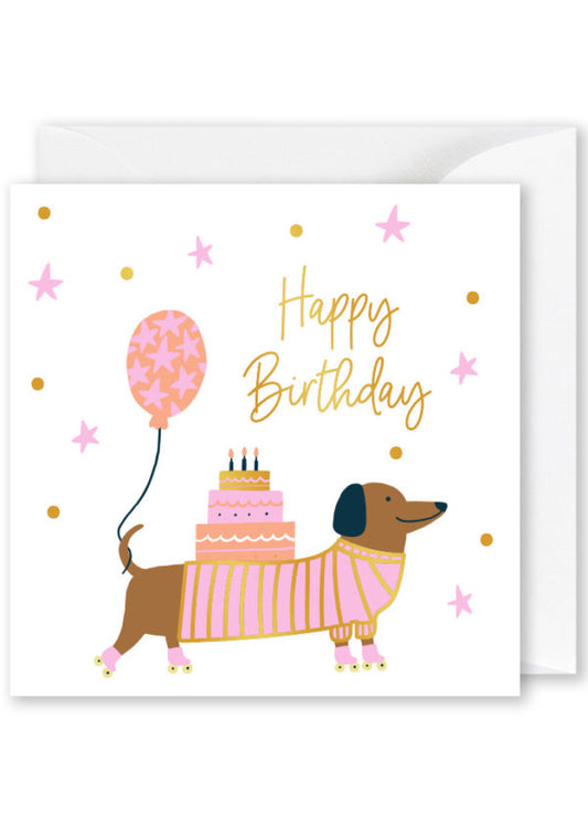 Foiled Card: | Happy Birthday | Sausage Dog with Cake & Balloon
