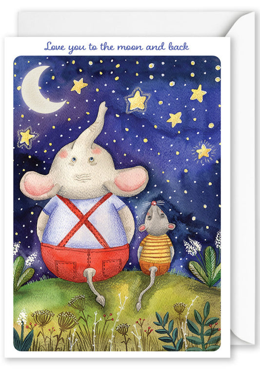 Card | “Love you to the moon & back” Elephant & mouse under the night sky