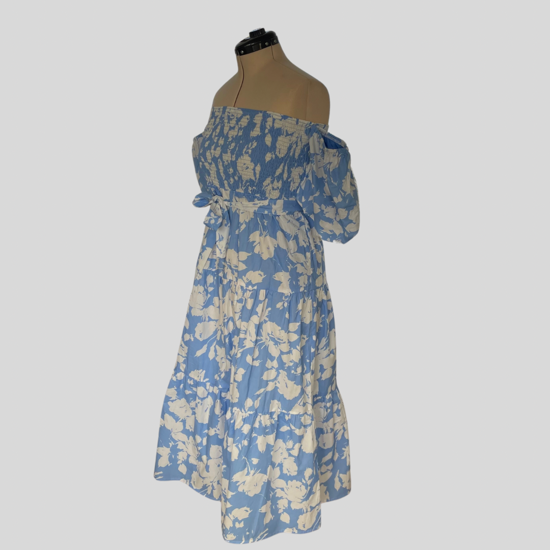 (14) Sunny Girl Blue Floral off the Shoulder Maxi Dress