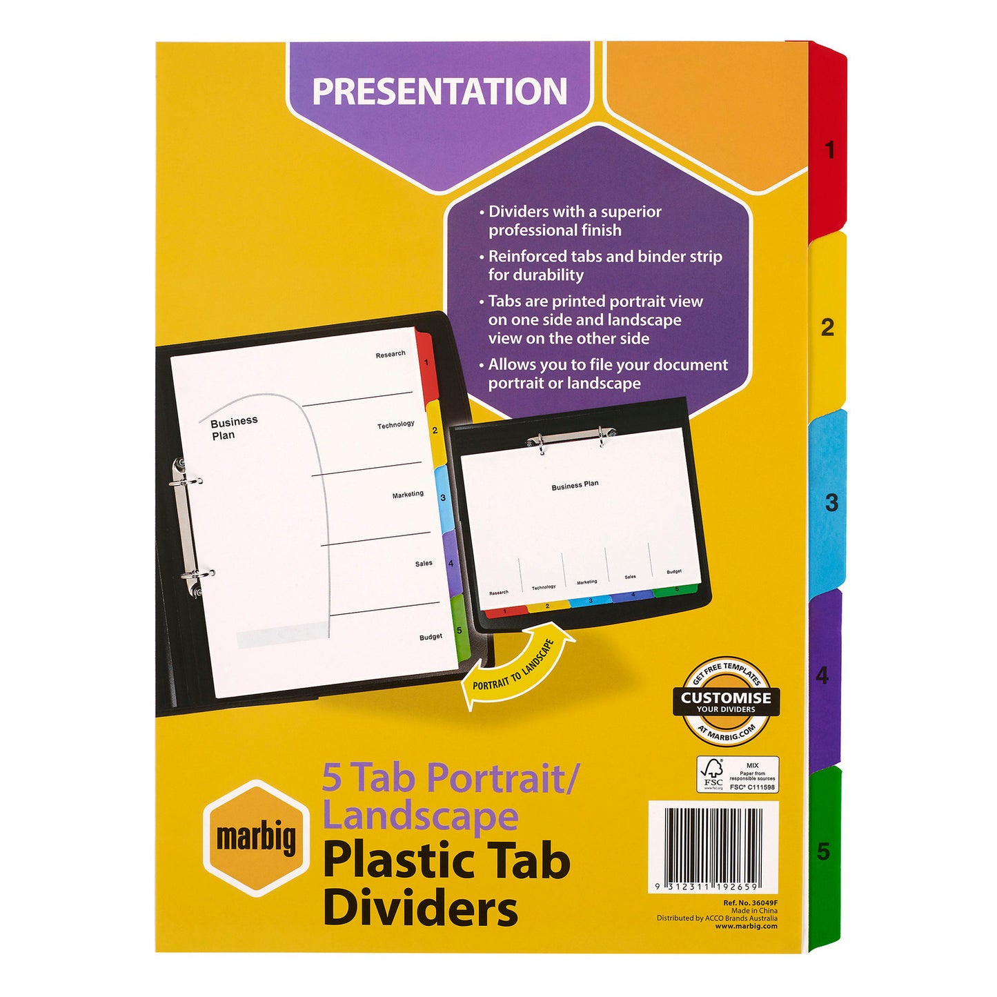 Marbig Dividers Portrait or Landscape 5 Tab A4 Multi Colour