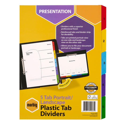Marbig Dividers Portrait or Landscape 5 Tab A4 Multi Colour