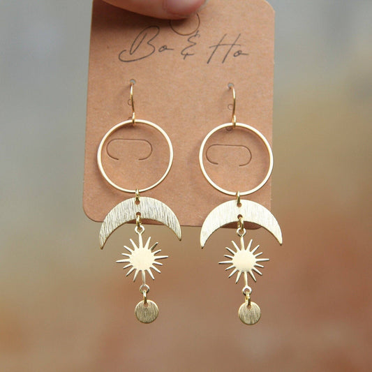 Golden Celestial Statement Sun and Moon Earrings