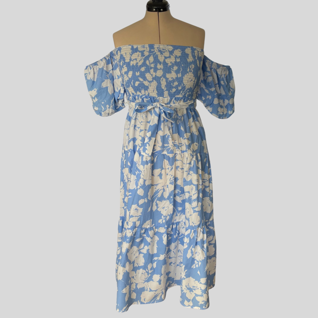 (14) Sunny Girl Blue Floral off the Shoulder Maxi Dress