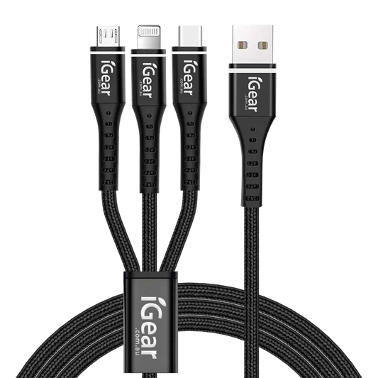 iGear | CABLE 3 IN 1 | 1.2M 8 PIN / MICRO / C TYPE  - BLACK