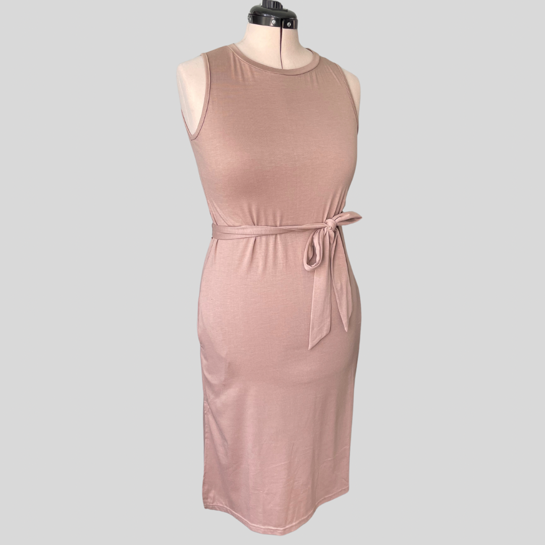 (S) BNWT Beige Tie Waist Pockets Dress