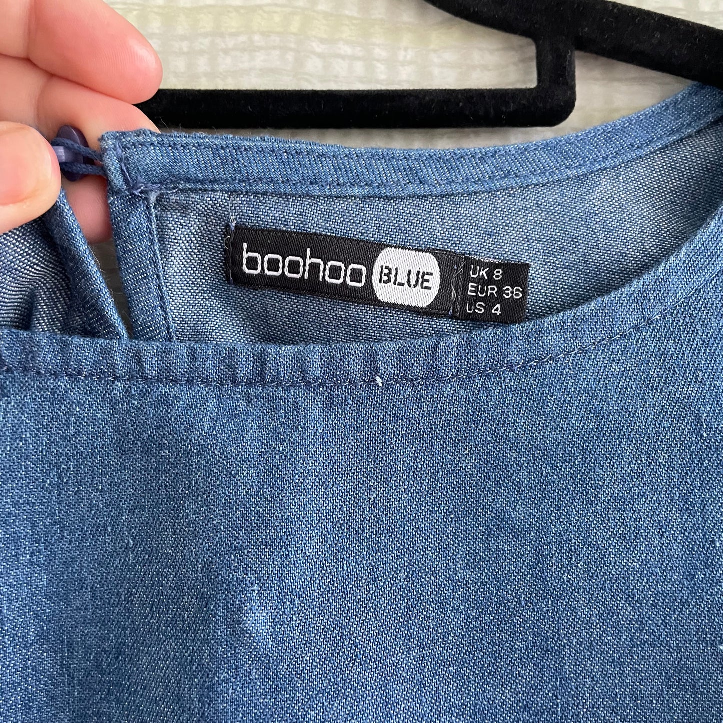 (8) Boohoo Denim Look L/S dress with embroidered features