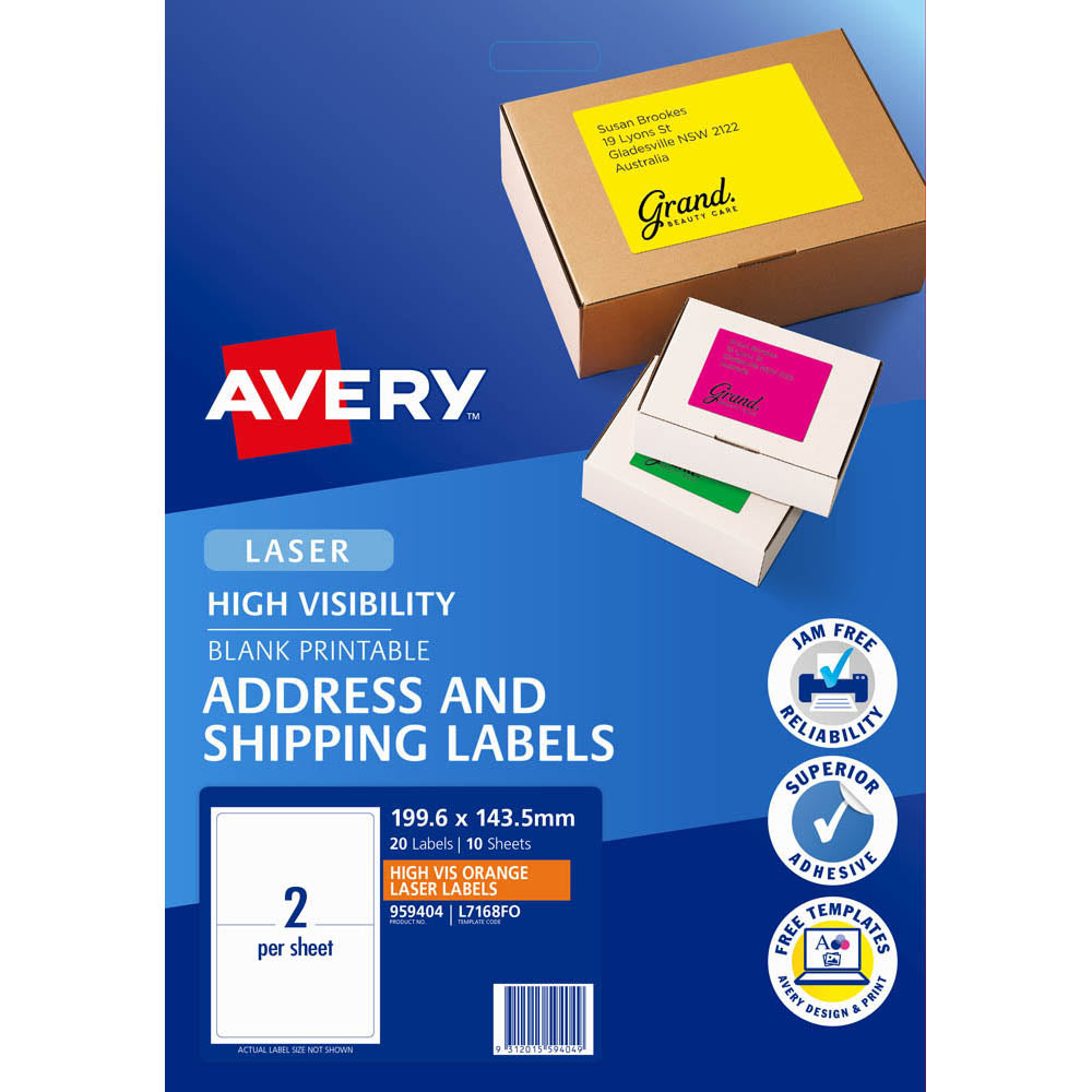 LABEL AVERY L7168FO HIGH VISIBILITY SHIPPING LABEL LASER 2UP FLUORO ORANGE PACK 10