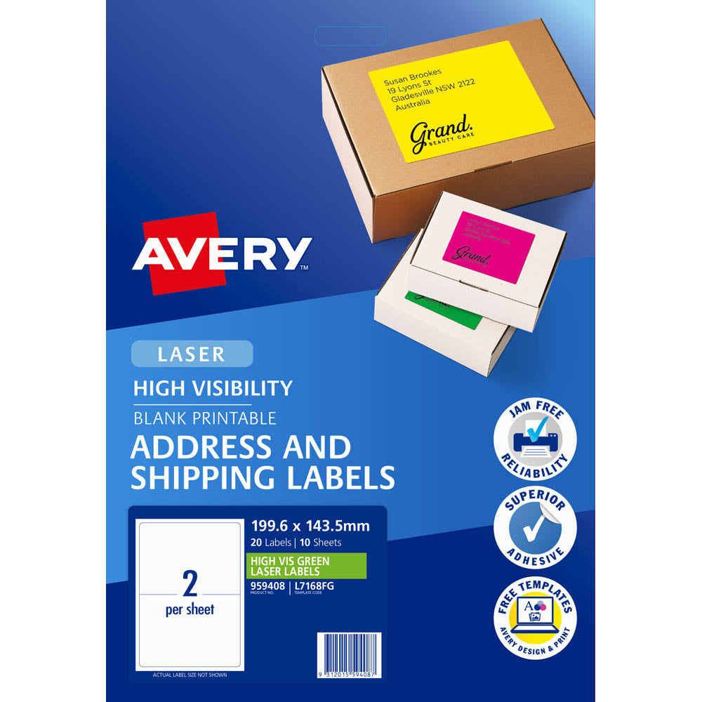 LABEL AVERY L7168FG SHIPPING HI VIS FLUORO GREEN 2UP 10 SHTS