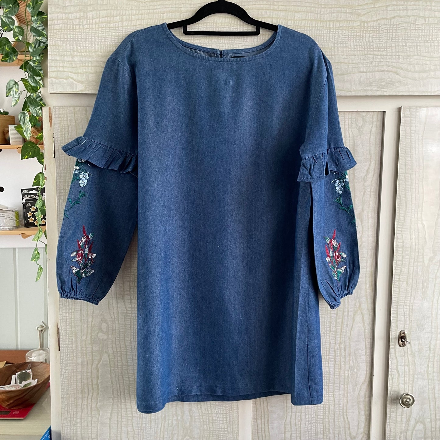 (8) Boohoo Denim Look L/S dress with embroidered features