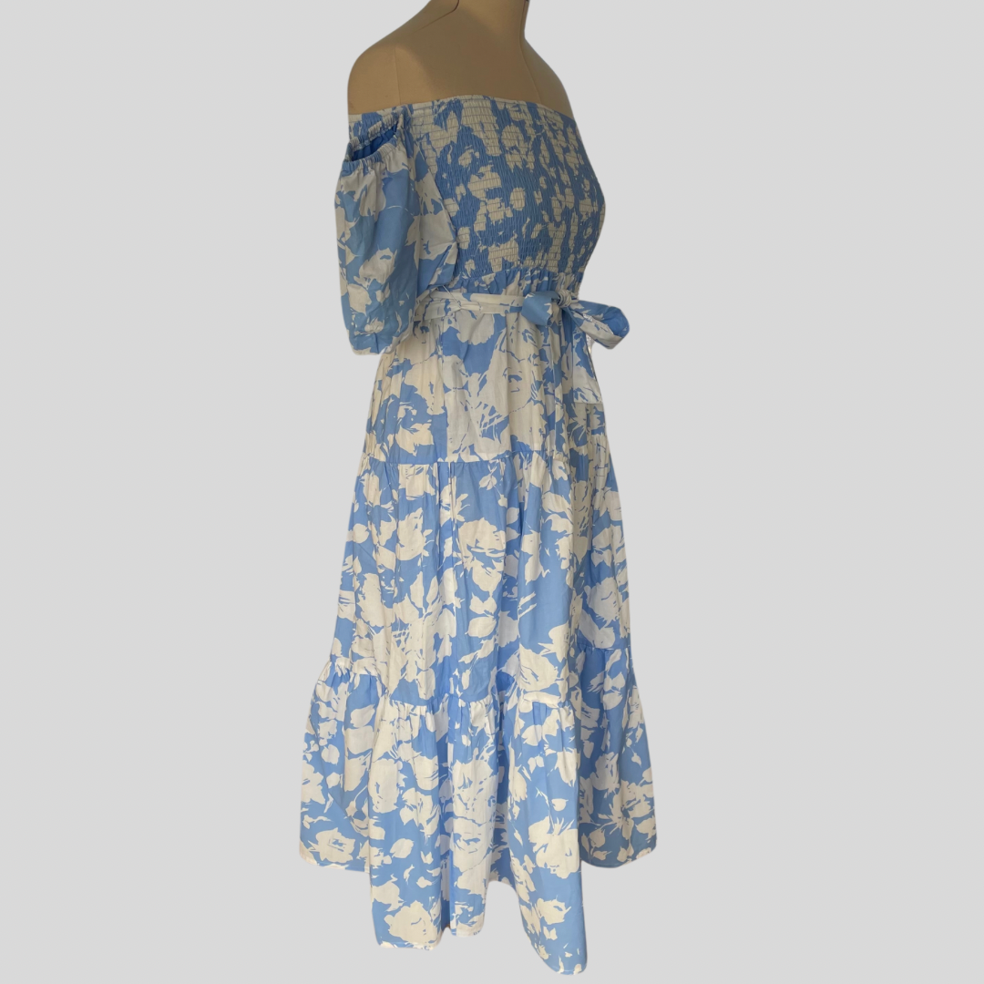 (14) Sunny Girl Blue Floral off the Shoulder Maxi Dress