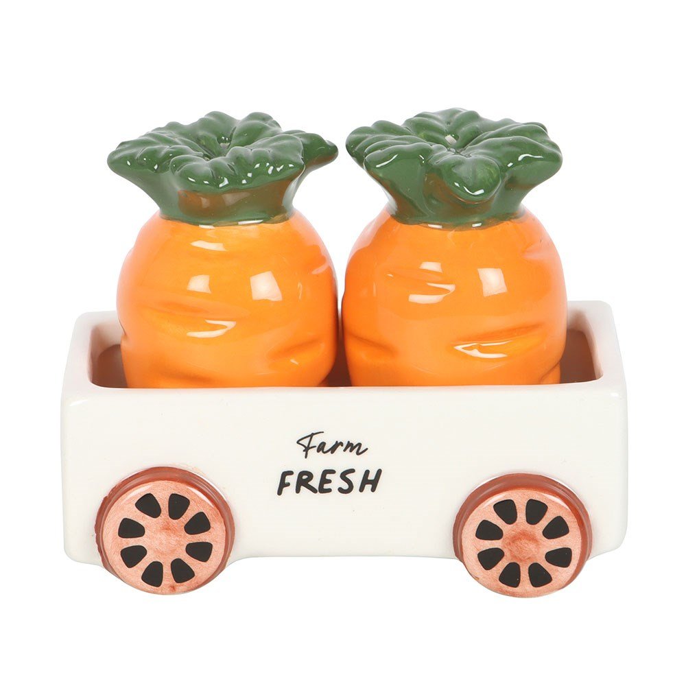 Image of Carrot Shaped Ceramic Salt and Pepper Shakers in Wagon