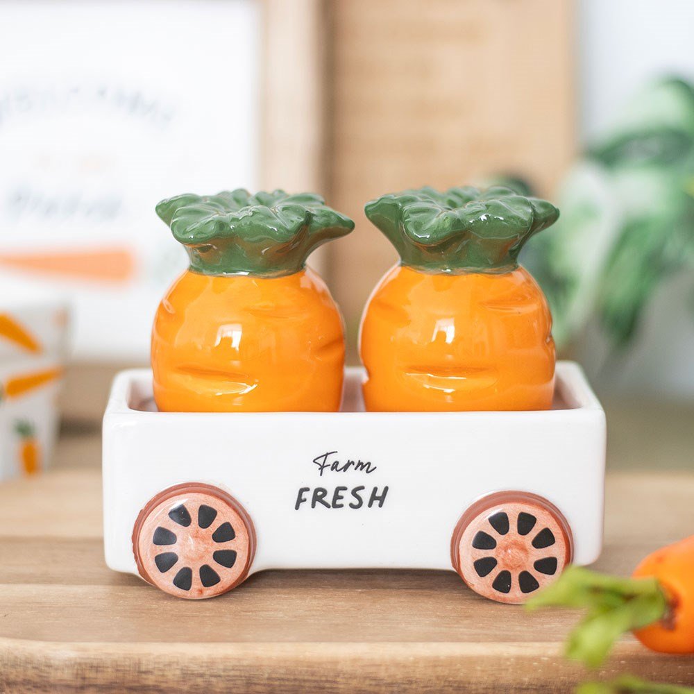 Image of Carrot Shaped Ceramic Salt and Pepper Shakers in Wagon