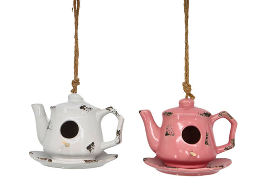 Ceramic Birdhouse Teapot White/Pink 17x15.4x13cm Assorted