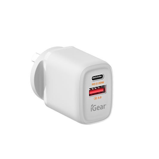iGear | CHARGER WALL 240V TO USB & C TYPE  - WHITE