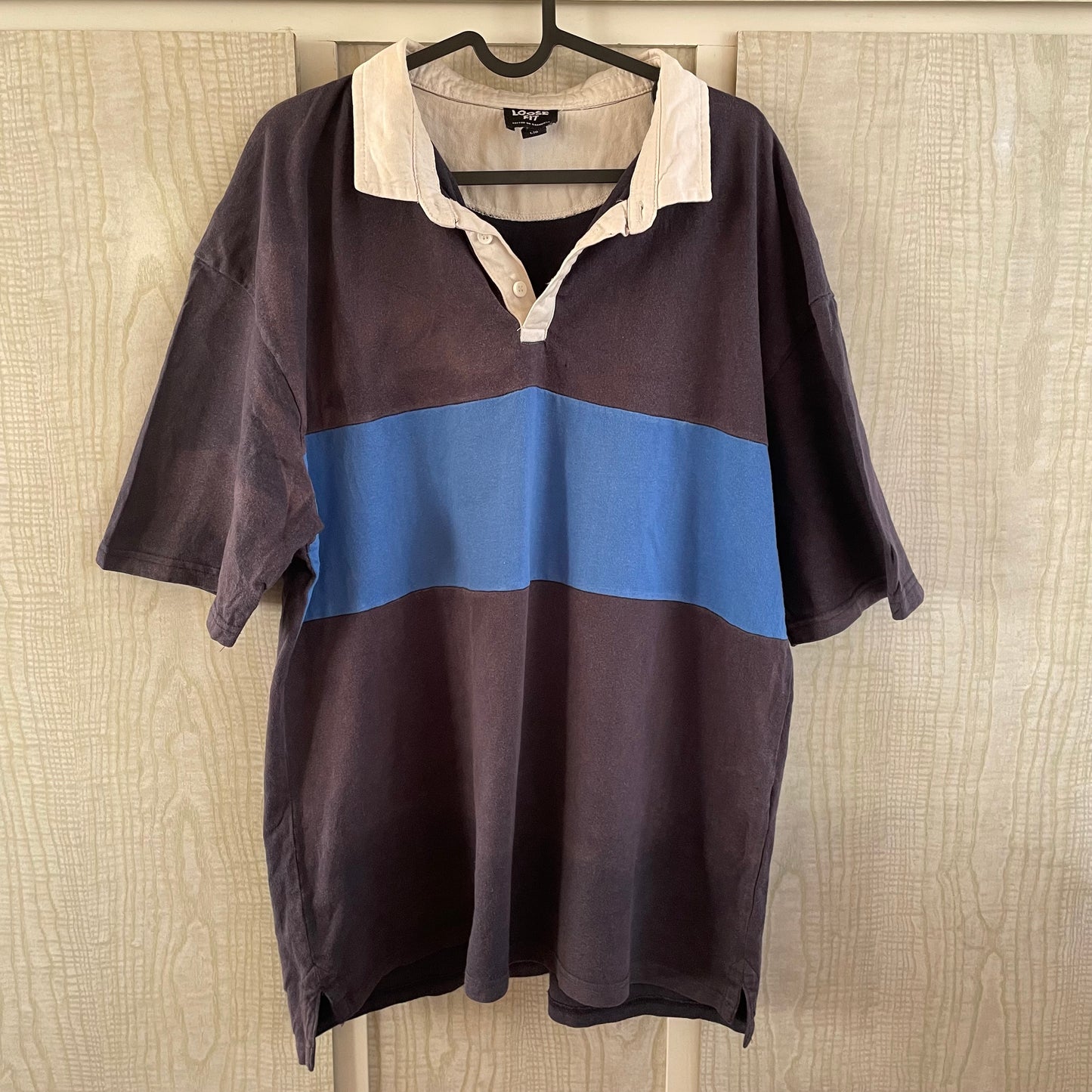 (L) Mens Collared Black Blue stripe T Shirt