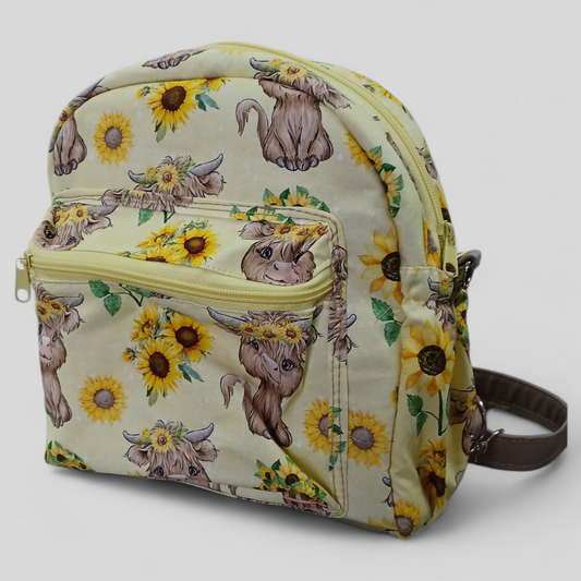 Highland Cow Sunflowers Pale Yellow | Mini Backpack | Tracy's Bag Creations