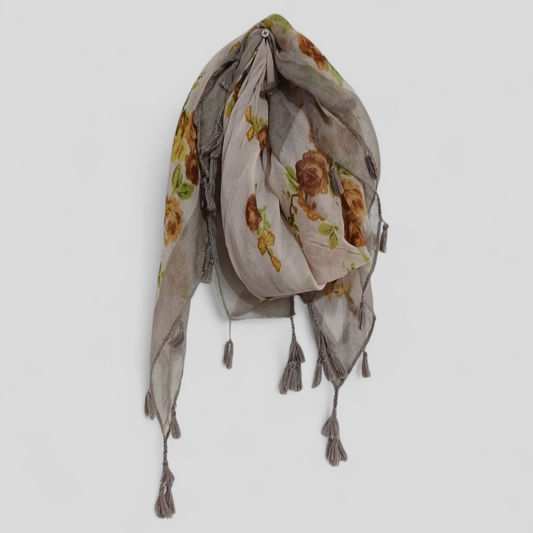 Scarf - Tassled Brown Flowers