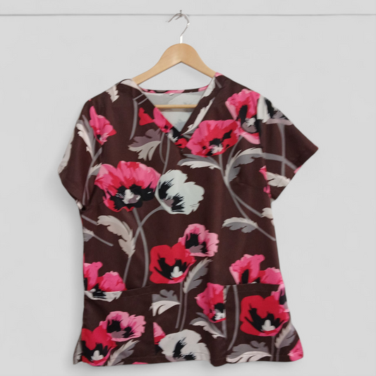 (L) Scrub Shirt | Brown Flowers