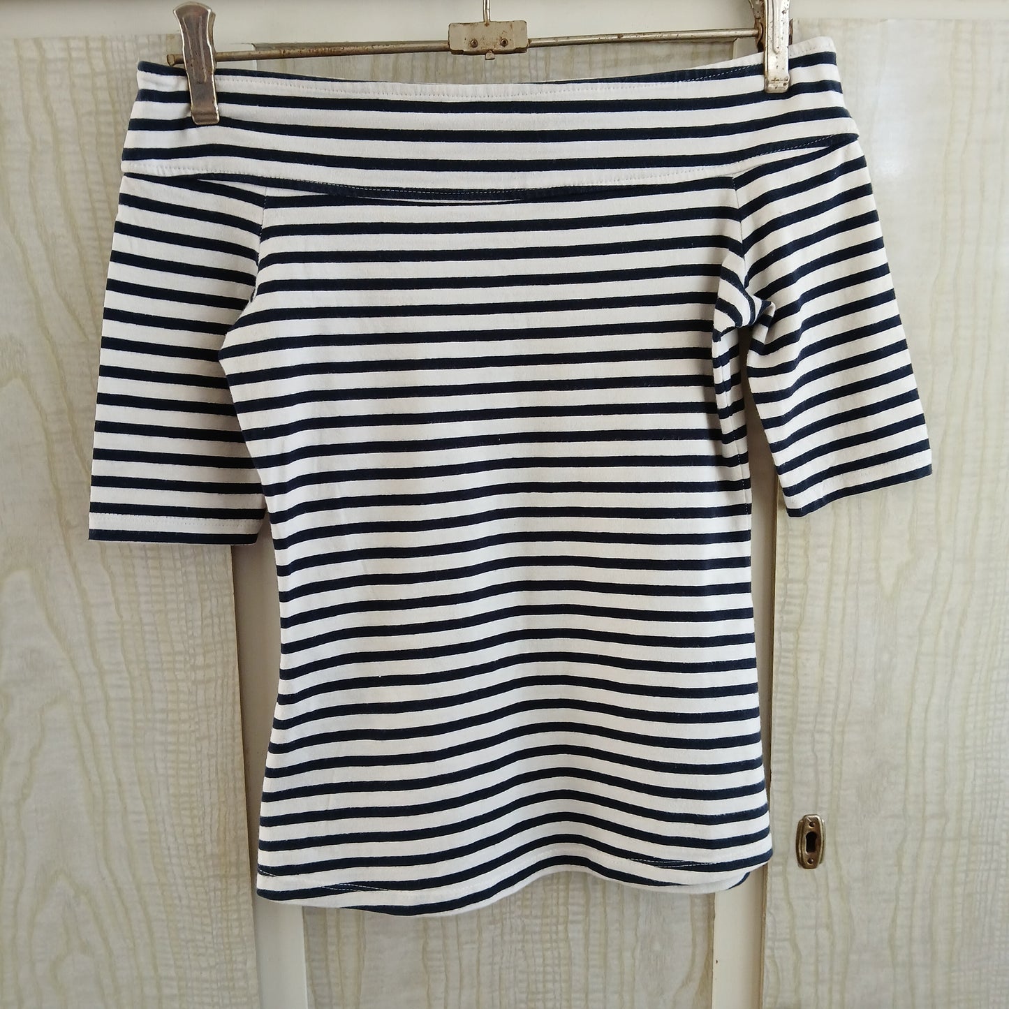 (8) Striped off the shoulder blouse