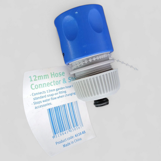 HOSE FITTING PLASTIC 12MM HOSE CONNECTOR & STOP AQUA