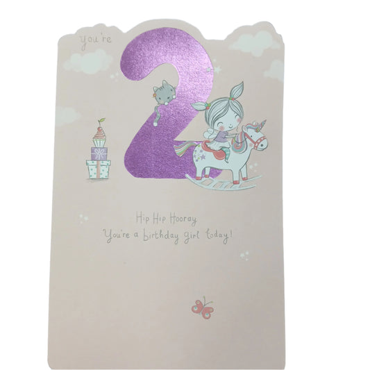 Birthday Card |  2nd Girl/Girl with Pigtails on Unicorn Age 2