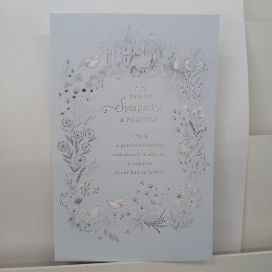 Sympathy Card | Birds foliage and church wreath Deepest sympathy
