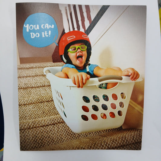 Blank/Open Card | Thinking of you with photo of child sliding down stairs