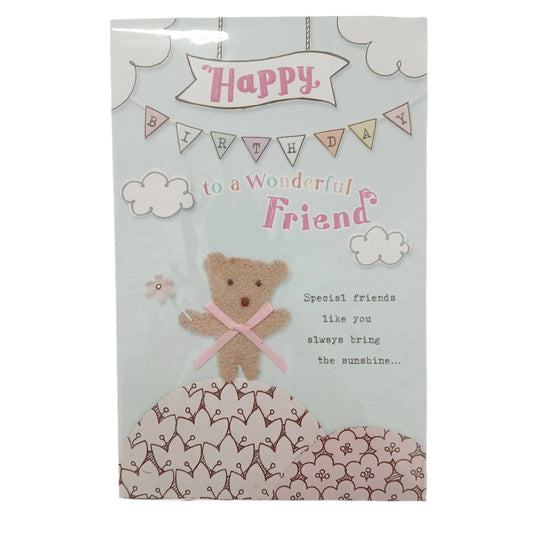 Birthday Card |  Friend/Stitched bear stood on a floral hill holding a flower