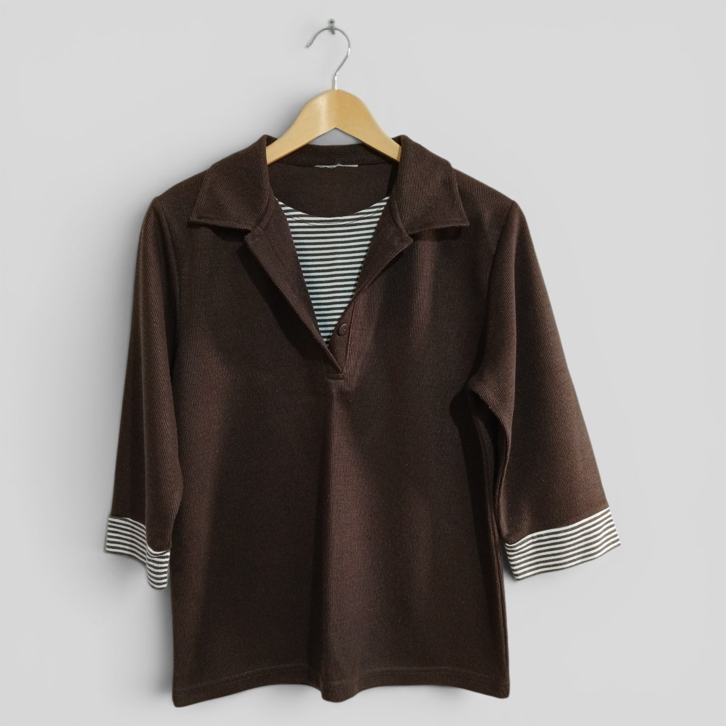 (12) Brown Striped Accent Collared Blouse