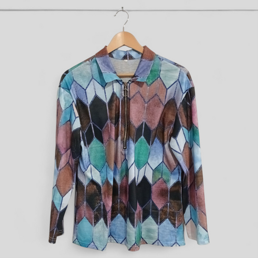 (L) L/S Patterned Blouse