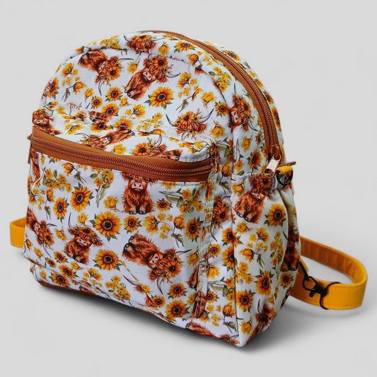 Highland Cow Sunflowers Yellow | Mini Backpack | Tracy's Bag Creations